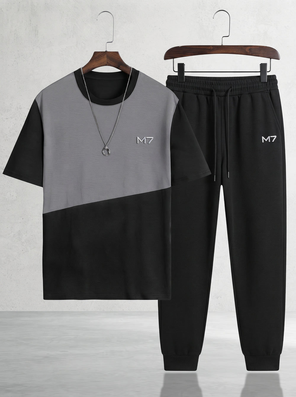 Men Black Printed Track Suit Set M7 Polyester