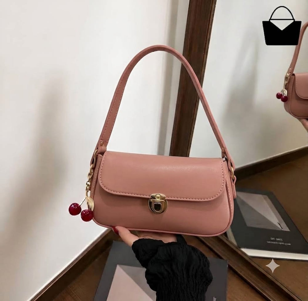 Elegant Ladies Handbag with Cherry Charm – Chic Shoulder Bag - Black