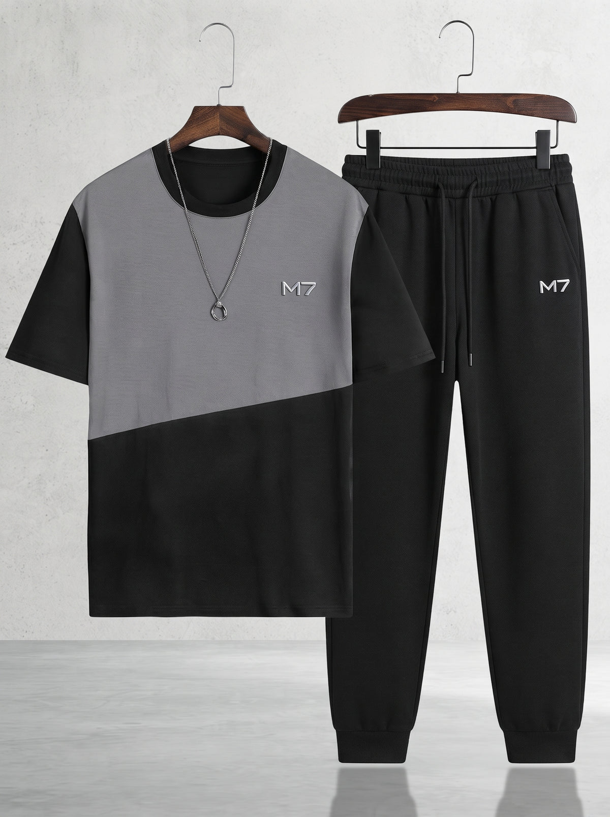 Men Black Printed Track Suit Set M7 Polyester