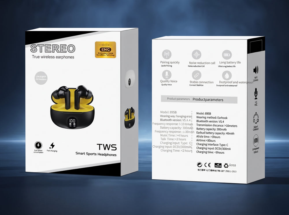 Premium Wireless Earbuds Black Yellow Bluetooth 5.3