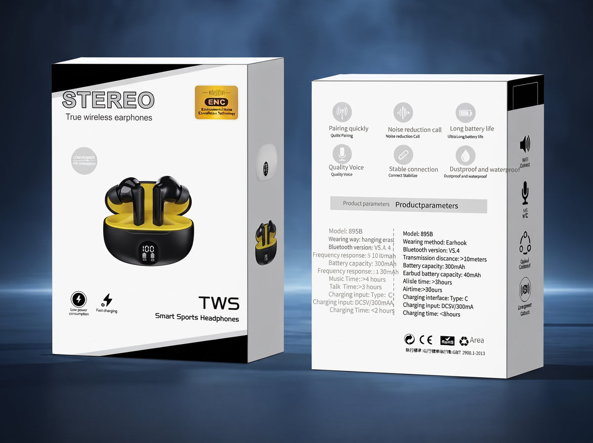 Premium Wireless Earbuds Black Yellow Bluetooth 5.3