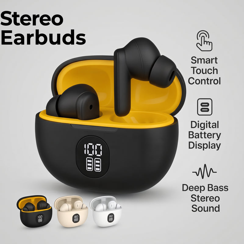 Premium Wireless Earbuds Black Yellow Bluetooth 5.3